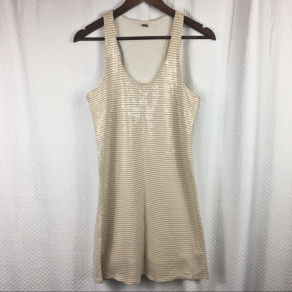 Fossil Macie Sequin Sleeveless Racerback Dress Beige White Stripe XS